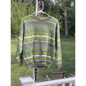 Vintage Italian Abstract Green Pattern Sweater Pattern 80s Flat Knit, Mens S 44